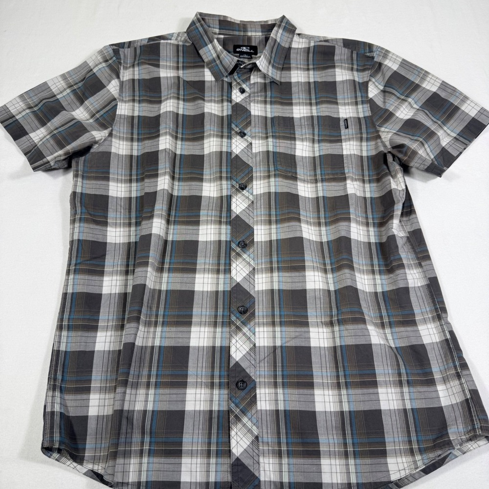 O'Neill Plaid Button Down Shirt L Grey Short Sleeve Casual Surf Skate gorpcore